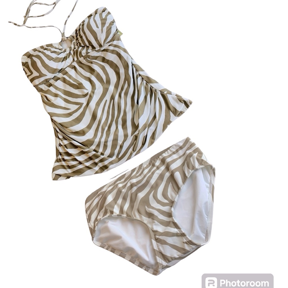 NWT Michael Kors Women Beige White Zebra Print Ring Swimsuit Bikini 2 Piece Set - Picture 1 of 13